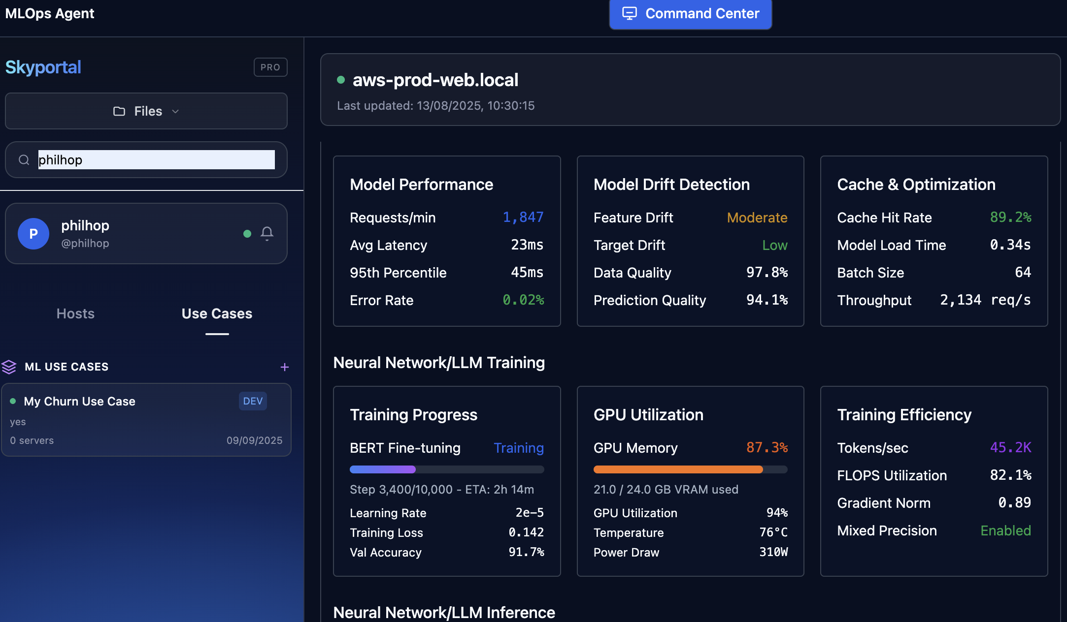 Skyportal Operate view — monitoring dashboards and operational metrics